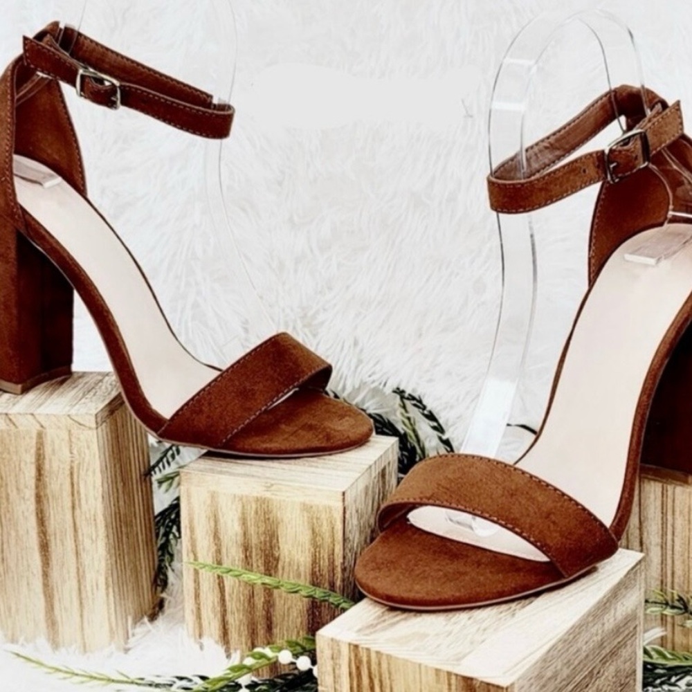 🆕 Brown suede block heels sandals pumps party peep toe ankle strap buckle